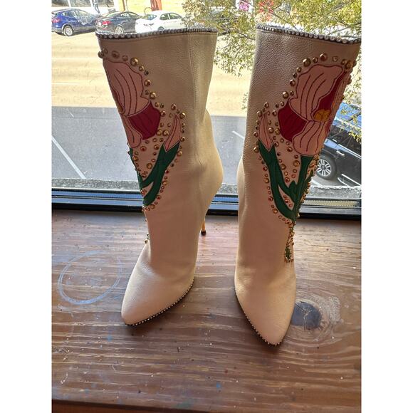 GUCCI Ivory Leather Floral ‘Fosca’ 2017 Pink Bottom Runway Booties Size 37 - Picture 14 of 16